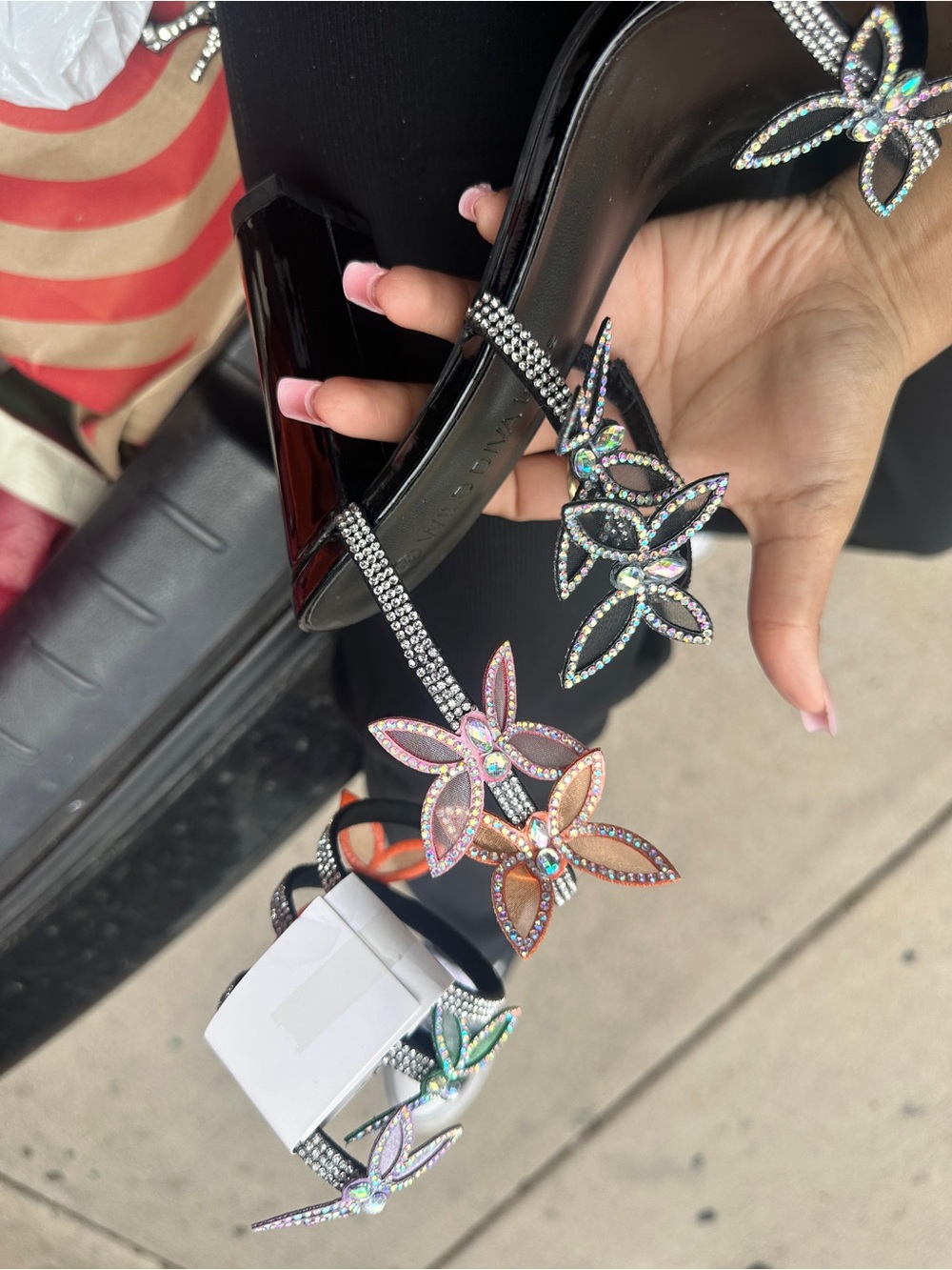 Black Patent Heeled Sandals with Rhinestone Floral Accents